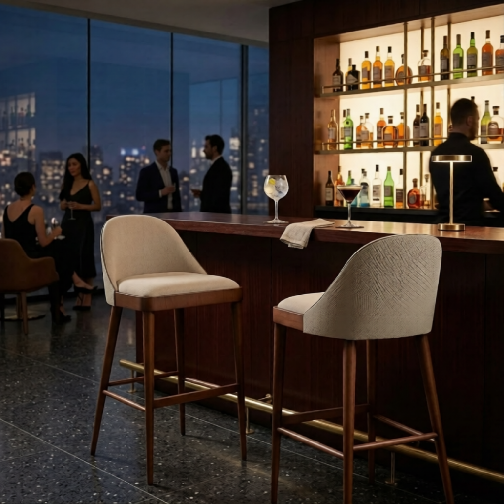 Bar Stool with Curved Backrest in Wooden Frame