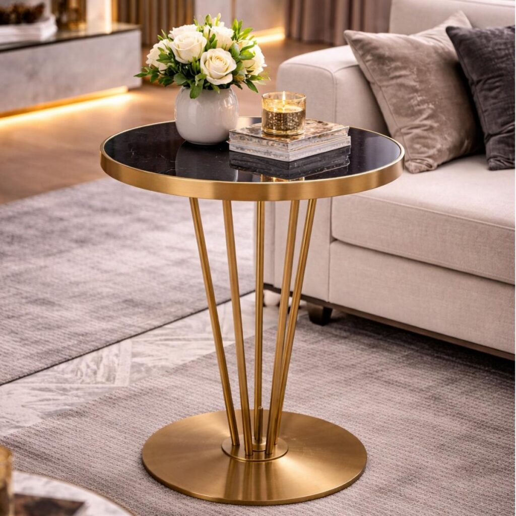 Luxury Black Round Honed Marble Top Side Table