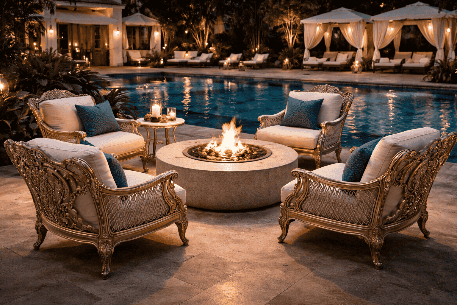 Baroque Hotel Pool Furniture: Fire Pit Ideas for Luxury Nights