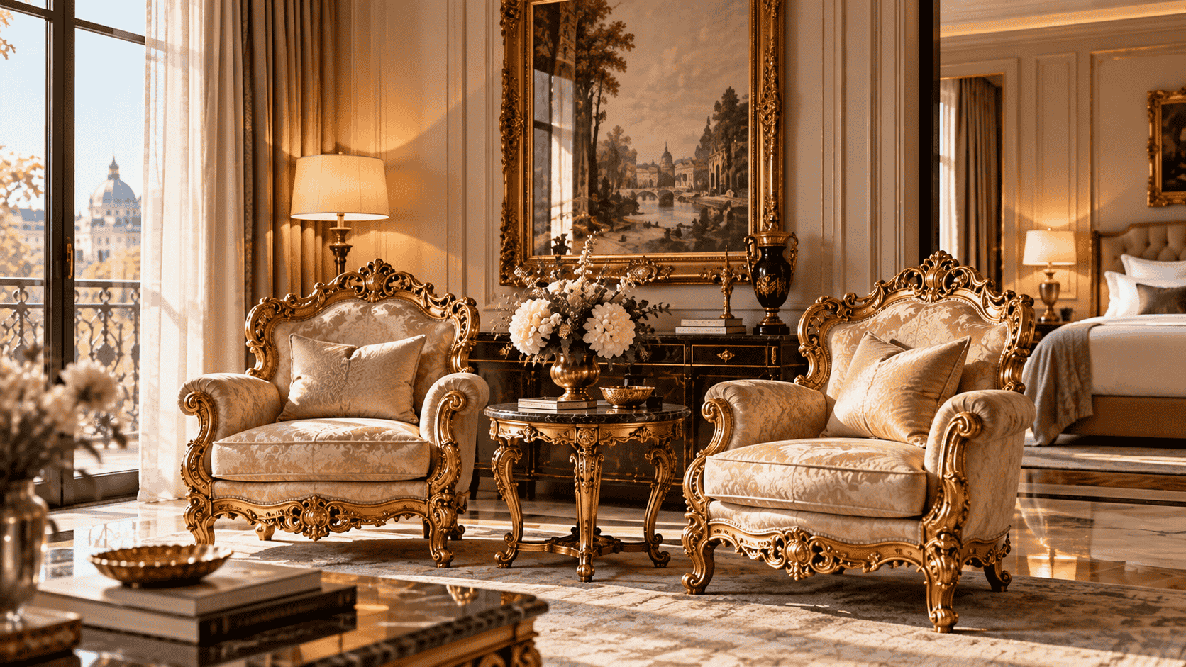 How One Pair of Baroque Armchairs Can Make a Modern Suite Feel Like a Private Salon